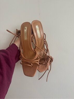 Billini Tan Strappy Square-Toe Tie Heels